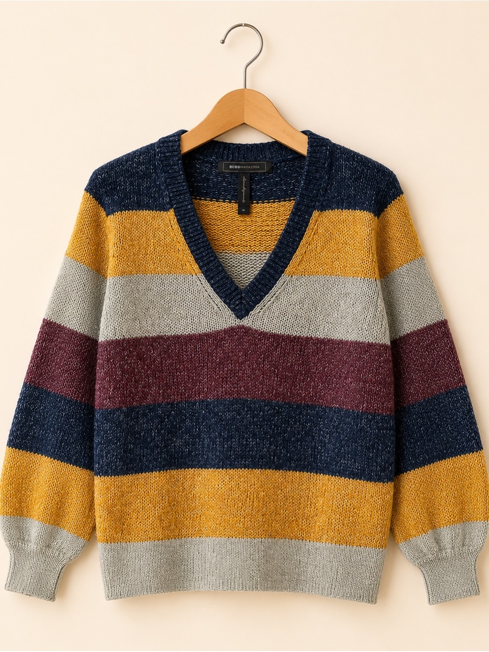 BCBGMAXAZRIA Striped V-Neck Knit Sweater | Medium | Mohair Blend